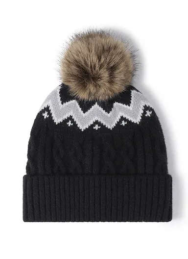Thick Wave Pattern Warm Winter Fleece Hat with Sherpa Fleece Lining &amp; Top Pom, Winter Beanie Hat, Warm Skull Cap, Faux Pom, Knitted Hat, Winter Crossed Cap, Soft Warm Hat, Skiing Hat for Indoor &amp; Outdoor - Black