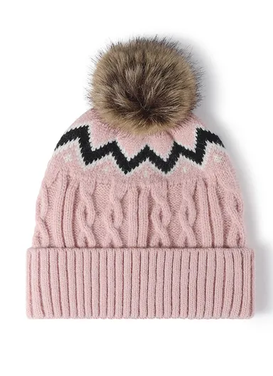 Thick Wave Pattern Warm Winter Fleece Hat with Sherpa Fleece Lining &amp; Top Pom, Winter Beanie Hat, Warm Skull Cap, Faux Pom, Knitted Hat, Winter Crossed Cap, Soft Warm Hat, Skiing Hat for Indoor &amp; Outdoor - Pink