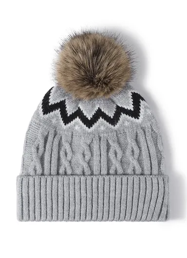 Thick Wave Pattern Warm Winter Fleece Hat with Sherpa Fleece Lining &amp; Top Pom, Winter Beanie Hat, Warm Skull Cap, Faux Pom, Knitted Hat, Winter Crossed Cap, Soft Warm Hat, Skiing Hat for Indoor &amp; Outdoor - Grey