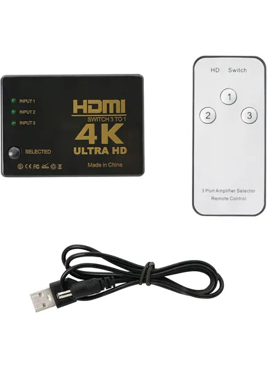 HDMI Switch 3 to 1 With Remote Control, Magic Eye &amp; USB Cable 