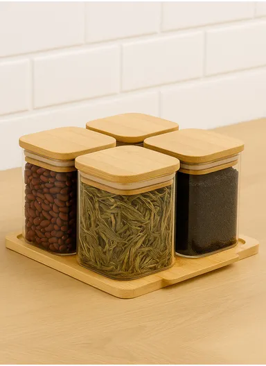 4-Glass Seasoning Jar with Bamboo Stand Holder Set HF-02 (L22 x W19.5 x H2.5)cm