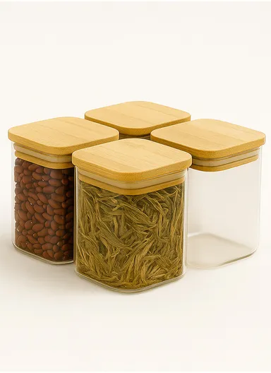 4-Glass Seasoning Jar with Bamboo Stand Holder Set HF-02 (L22 x W19.5 x H2.5)cm