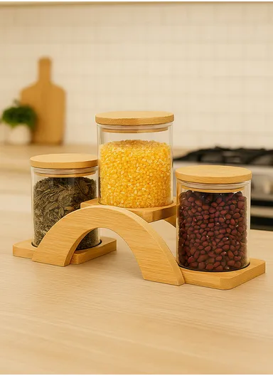 3 Glass Jar Set with Bamboo Base Holder HF-03 (D10 x H11)cm