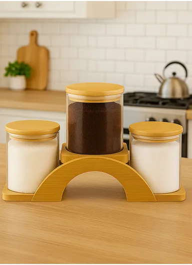 3 Glass Jar Set with Bamboo Base Holder HF-03 (D10 x H11)cm