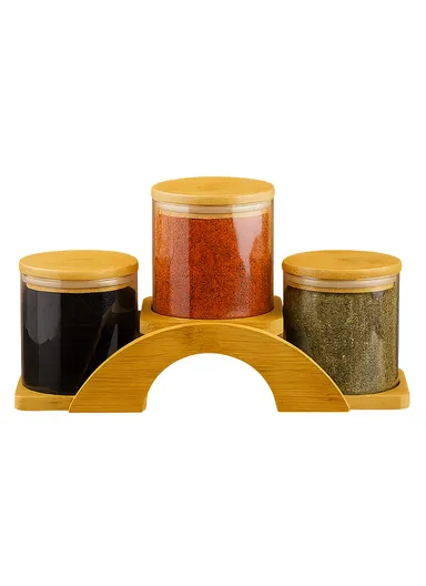 3 Glass Jar Set with Bamboo Base Holder HF-03 (D10 x H11)cm