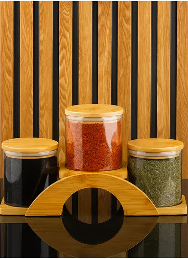3 Glass Jar Set with Bamboo Base Holder HF-03 (D10 x H11)cm