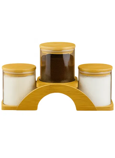 3 Glass Jar Set with Bamboo Base Holder HF-03 (D10 x H11)cm