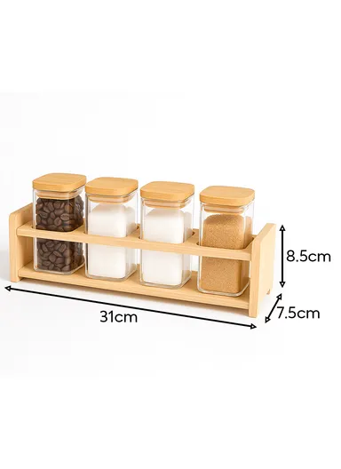 4-Glass Seasoning Jar with Bamboo Stand Holder Set HF-04 (L31 x W7.5 x H8.5)cm
