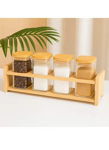 4-Glass Seasoning Jar with Bamboo Stand Holder Set HF-04 (L31 x W7.5 x H8.5)cm