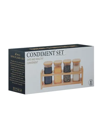 4-Glass Seasoning Jar with Bamboo Stand Holder Set HF-04 (L31 x W7.5 x H8.5)cm