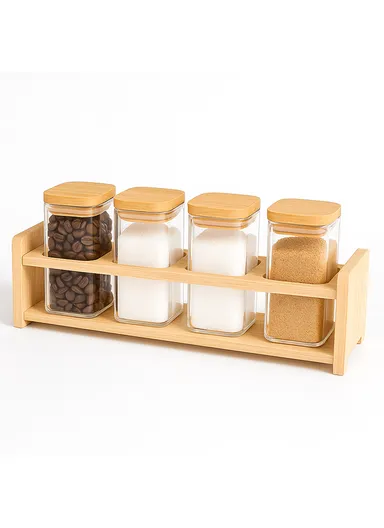 4-Glass Seasoning Jar with Bamboo Stand Holder Set HF-04 (L31 x W7.5 x H8.5)cm