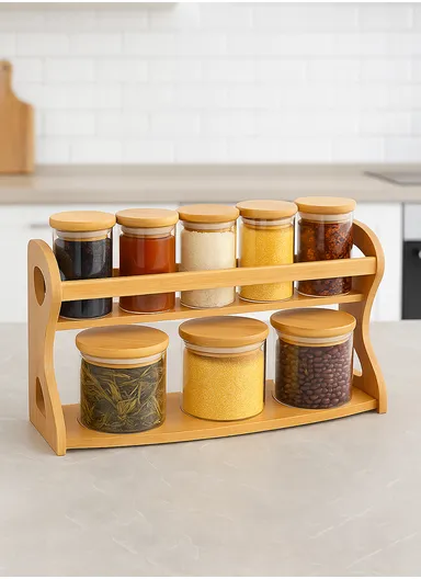 8-Glass Seasoning Jar with Bamboo Stand Holder Set, 3 Big &amp; 5 Mini Seasoning Jar HF-06 (L35 x W13 x H22)cm
