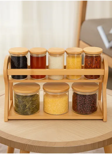 8-Glass Seasoning Jar with Bamboo Stand Holder Set, 3 Big &amp; 5 Mini Seasoning Jar HF-06 (L35 x W13 x H22)cm
