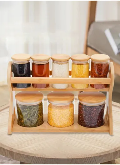 8-Glass Seasoning Jar with Bamboo Stand Holder Set, 3 Big &amp; 5 Mini Seasoning Jar HF-06 (L35 x W13 x H22)cm