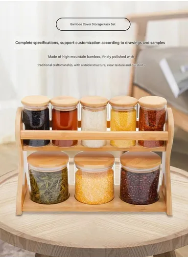 8-Glass Seasoning Jar with Bamboo Stand Holder Set, 3 Big &amp; 5 Mini Seasoning Jar HF-06 (L35 x W13 x H22)cm