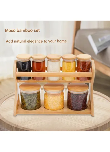 8-Glass Seasoning Jar with Bamboo Stand Holder Set, 3 Big &amp; 5 Mini Seasoning Jar HF-06 (L35 x W13 x H22)cm