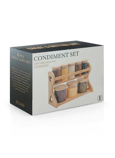 8-Glass Seasoning Jar with Bamboo Stand Holder Set, 3 Big &amp; 5 Mini Seasoning Jar HF-06 (L35 x W13 x H22)cm