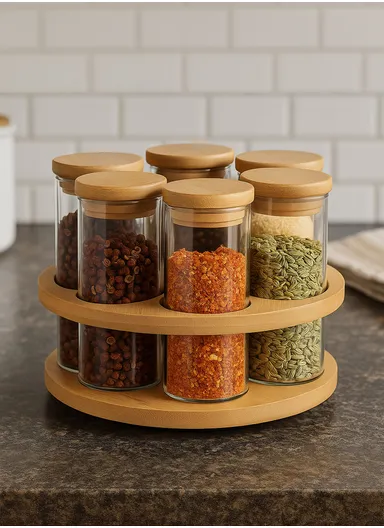 6-Glass Seasoning Jar with 360°C Rotatable Base Holder Set HF-09 (D5 x H15)cm