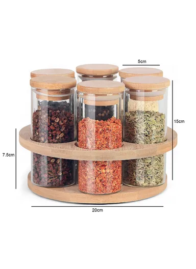 6-Glass Seasoning Jar with 360°C Rotatable Base Holder Set HF-09 (D5 x H15)cm