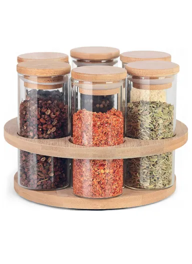6-Glass Seasoning Jar with 360°C Rotatable Base Holder Set HF-09 (D5 x H15)cm