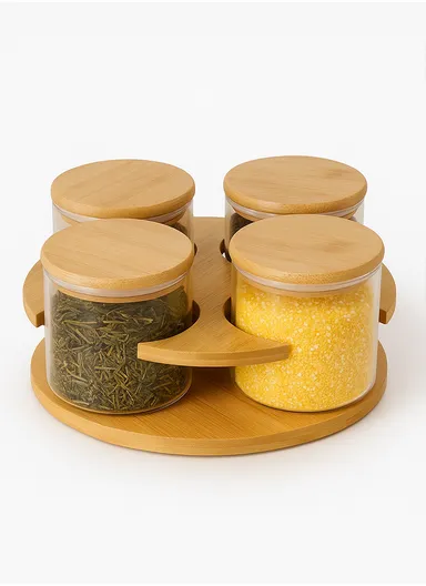 4-Glass Seasoning Jar with 360°C Rotatable Base Holder Set HF-10 (D23.5 x H6)cm