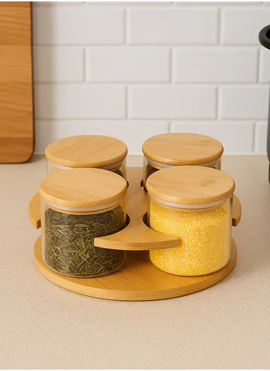 4-Glass Seasoning Jar with 360°C Rotatable Base Holder Set HF-10 (D23.5 x H6)cm