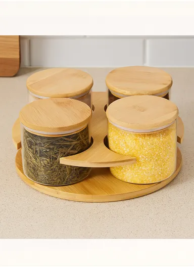 4-Glass Seasoning Jar with 360°C Rotatable Base Holder Set HF-10 (D23.5 x H6)cm