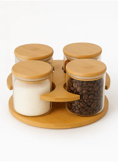 4-Glass Seasoning Jar with 360°C Rotatable Base Holder Set HF-10 (D23.5 x H6)cm