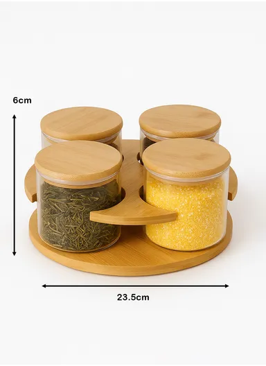 4-Glass Seasoning Jar with 360°C Rotatable Base Holder Set HF-10 (D23.5 x H6)cm