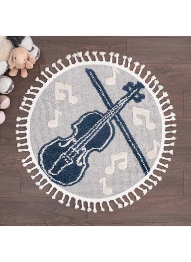 Cloud Violin 3D Print 100 x 100 cm Tasseled Round Zymta Winter Carpet - Navy Blue / Grey / Cream
