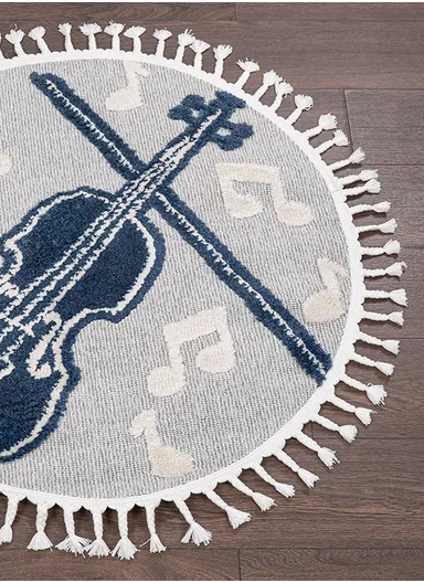Cloud Violin 3D Print 100 x 100 cm Tasseled Round Zymta Winter Carpet - Navy Blue / Grey / Cream