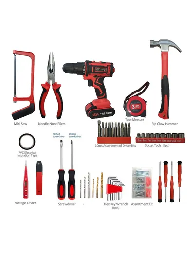 112 Pcs 21V Drill Hand Tool Set Combination Household with Toolbox C2201