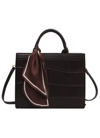 Crocodile Texture PU Leather Shoulder Bag Women Square Crossbody Tote Handbag with Scarf Decor, L - Coffee