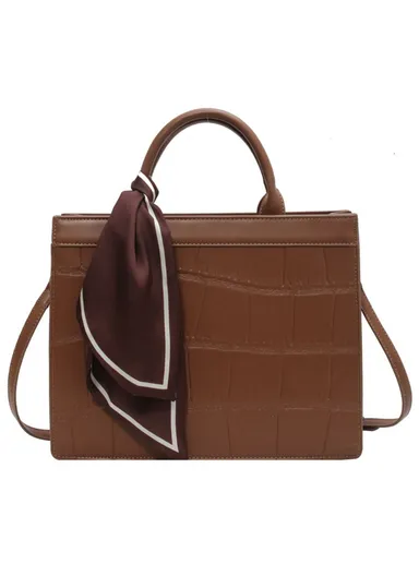 Crocodile Texture PU Leather Shoulder Bag Women Square Crossbody Tote Handbag with Scarf Decor, L - Khaki