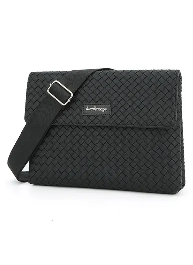 Woven Design PU Crossbody Bag for Men Large Capacity Portable Magnetic Buckle Shoulder Bag F70717 - Black