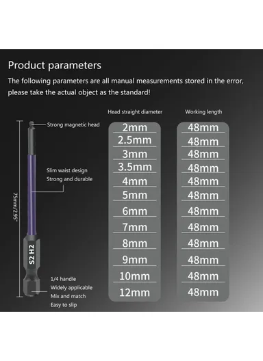 13-Pcs Set 1 / 4 Inch Shank S2 Alloy Steel Hexagonal Ball End Screwdriver Bits with Dual Head Socket