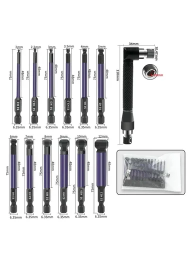 13-Pcs Set 1 / 4 Inch Shank S2 Alloy Steel Hexagonal Ball End Screwdriver Bits with Dual Head Socket