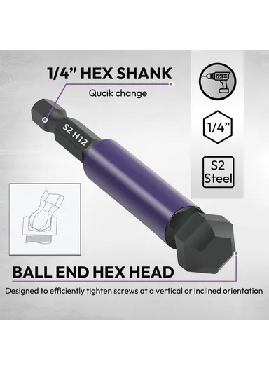13-Pcs Set 1 / 4 Inch Shank S2 Alloy Steel Hexagonal Ball End Screwdriver Bits with Dual Head Socket
