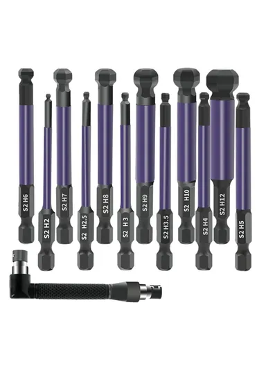 13-Pcs Set 1 / 4 Inch Shank S2 Alloy Steel Hexagonal Ball End Screwdriver Bits with Dual Head Socket