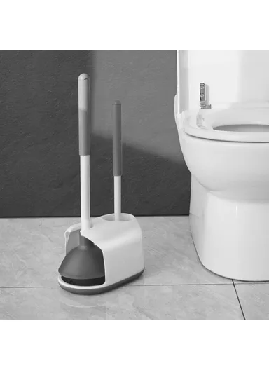 Long Handle Toilet Cleaner Brush Plunger Bathroom Cleaning Tool with Holder Base Set