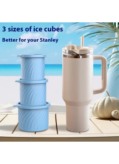 3-Pcs Set Food Grade Silicone Cylinder Ice Cube Mold with Lid for 24 / 30 / 40oz Stanley Cups BPA Free, No FDA - Blue
