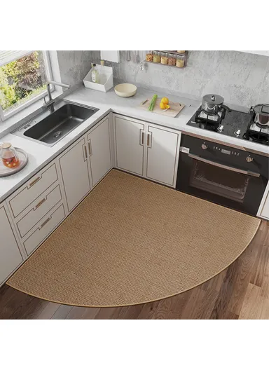 70x70cm Anti-Slip Kitchen Fan Shape Corner Rug Floor Mat Woven Oil-Proof Carpet - Beige