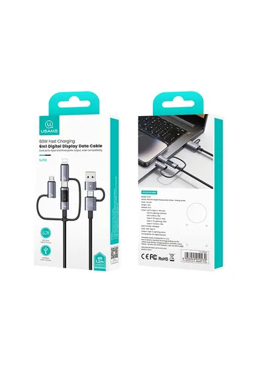 60W 1.2m 6-in-1 Fast Charging Cable LED Display PVC Data Cord SJ713