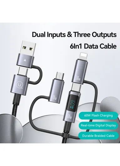 60W 1.2m 6-in-1 Fast Charging Cable LED Display PVC Data Cord SJ713