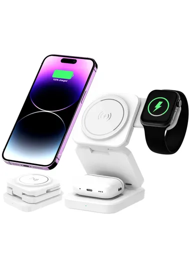 15W 3-in-1 Fast Charging Magnetic Wireless Charger Folding Bracket A390 - White