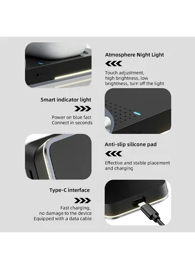 15W Foldable Wireless Phone Charger, Multifunctional Wireless Charging Holder HT-556 (L6.5 x W10.8 x T2.9) - Black