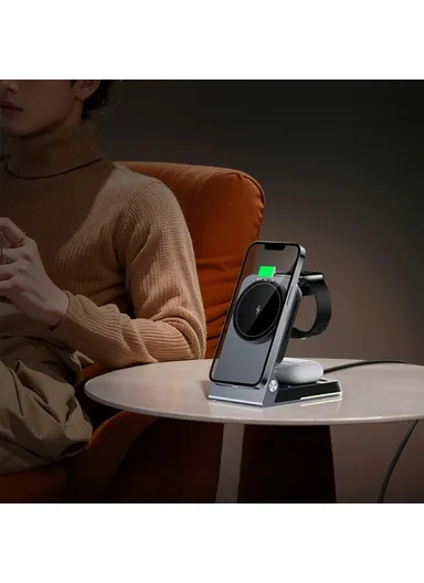 15W Foldable Wireless Phone Charger, Multifunctional Wireless Charging Holder HT-556 (L6.5 x W10.8 x T2.9) - White