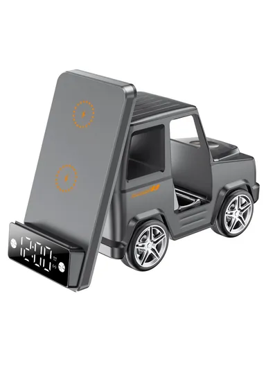 15W 6-in-1 Car Shape Desktop Wireless Charger Bluetooth-compatible Speaker Clock Atmosphere Light G63 - Grey