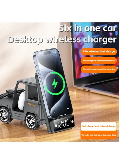 15W 6-in-1 Car Shape Desktop Wireless Charger Bluetooth-compatible Speaker Clock Atmosphere Light G63 - Grey