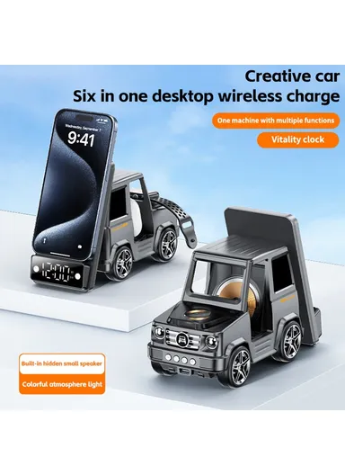 15W 6-in-1 Car Shape Desktop Wireless Charger Bluetooth-compatible Speaker Clock Atmosphere Light G63 - Grey